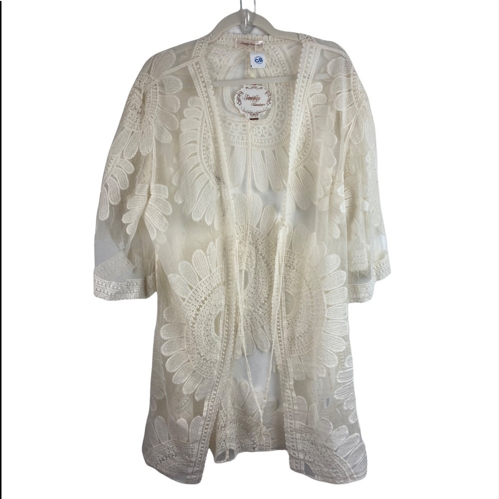Simply Couture Womens Lace Kimono Ivory Floral 3/4 Sleeve Embroidered S New